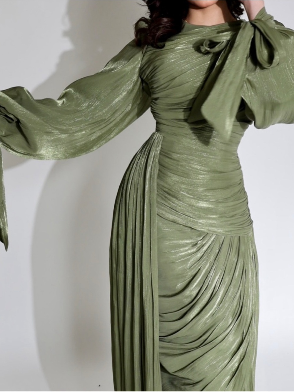 Olive Green Draped Evening Dress with Bow Detail - Picture 2 of 9